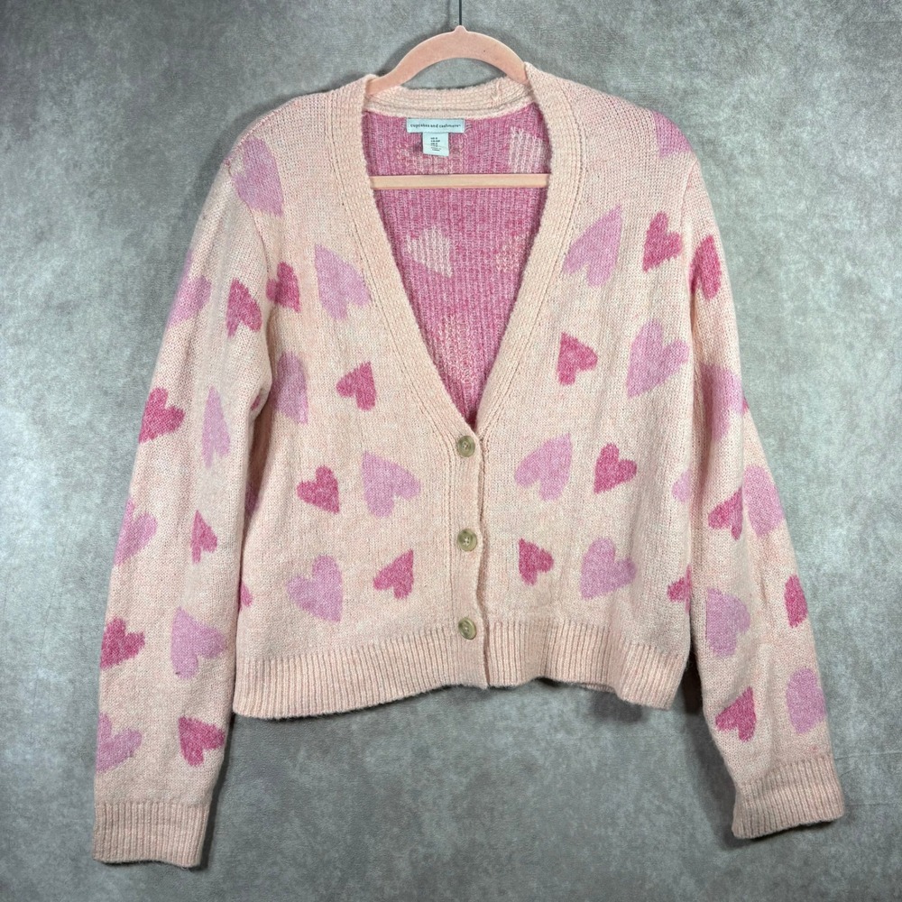 Cupcakes and Cashmere Cardigan Women Small Pink Heart Print Button Front Knit